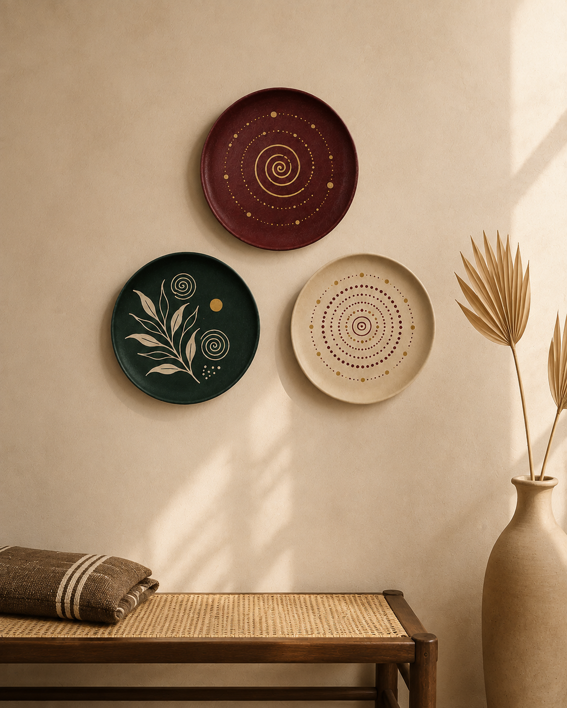 Three round decorative plates in dark reddish brown, deep green, and warm cream, each with hand-painted circular and botanical patterns. The plates are displayed on a textured beige background with dimension arrows indicating an 8-inch diameter, and text at the bottom reads 'Each plate: 8 in diameter'.