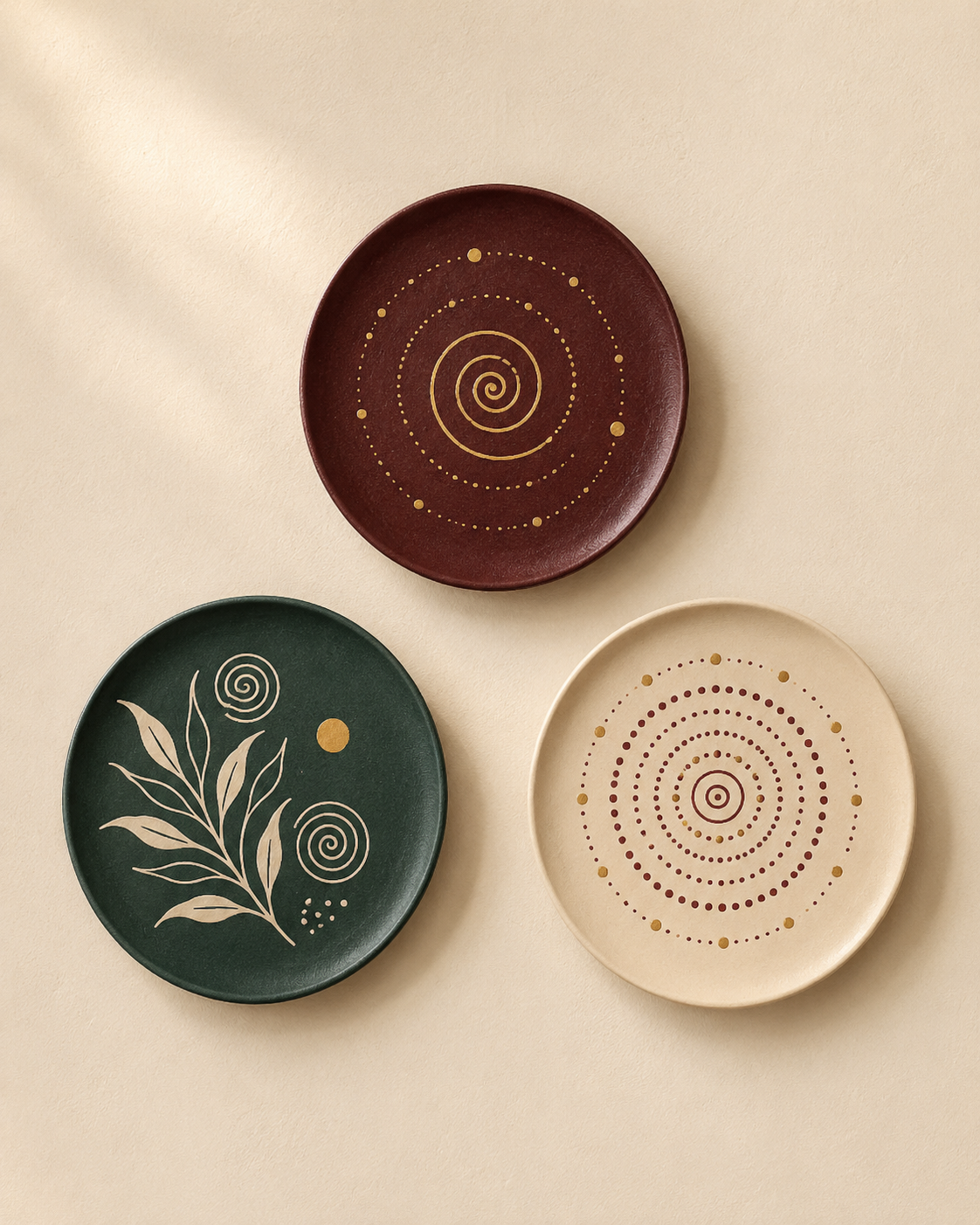 Three ceramic plates with bohemian spiral and leaf patterns, displayed on a warm beige background with soft shadows.