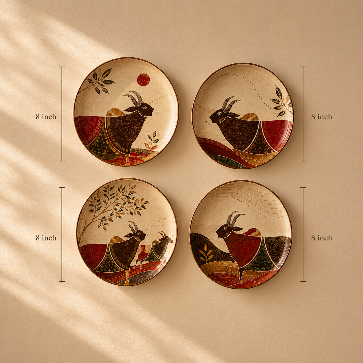 Four round decorative wall plates with hand-painted traditional motifs of goats, shown in a 2x2 grid with dimension markers indicating 8 inch height.