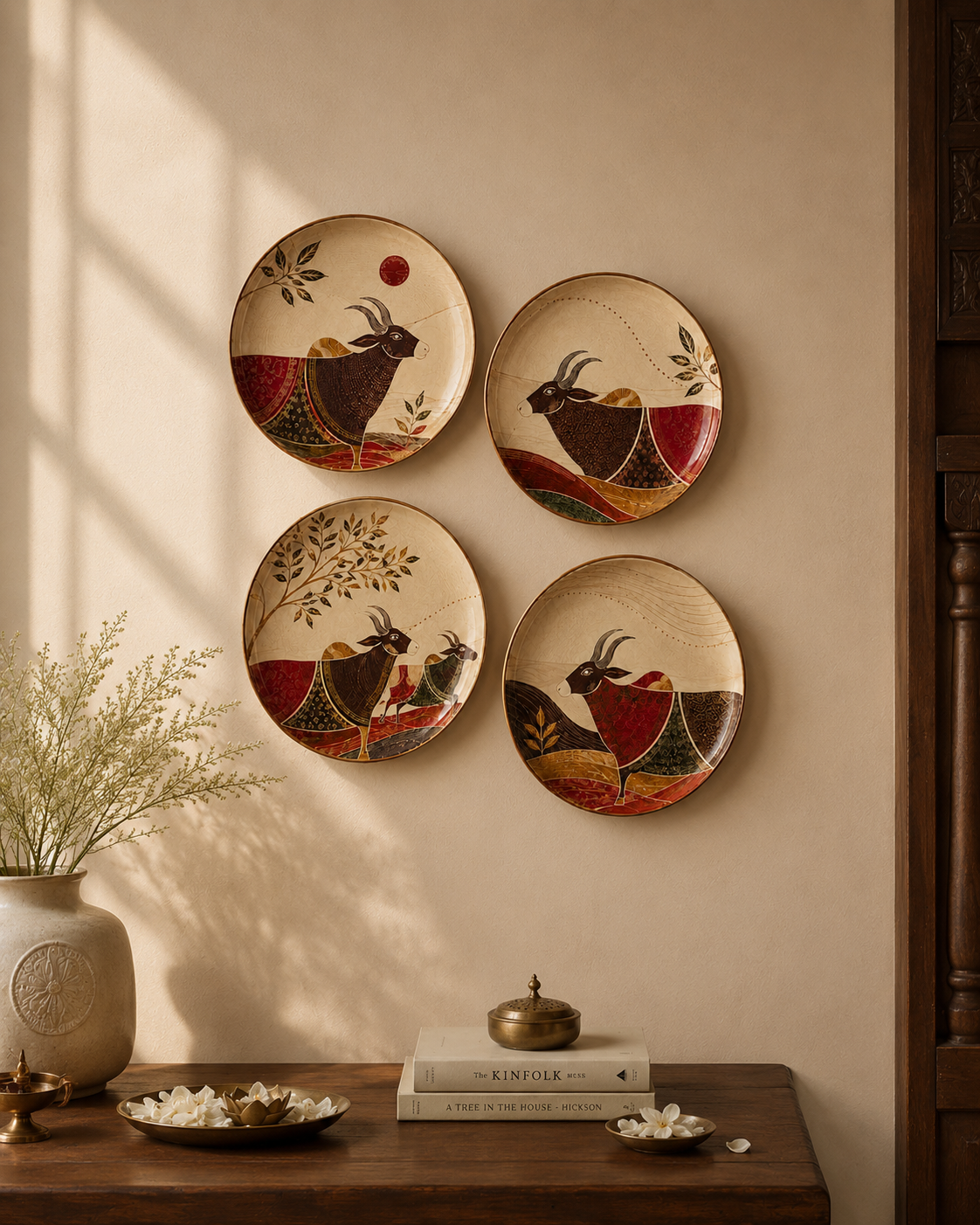 Four decorative wall plates with hand-painted goat motifs in red, black, and beige hang on a beige wall above a wooden table with a vase and small decor items.