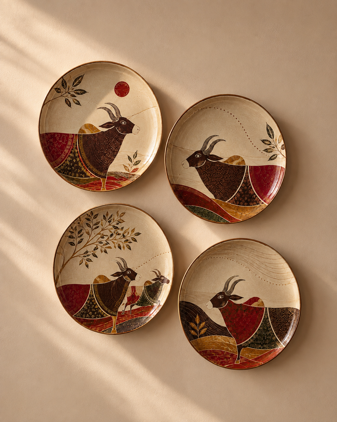 Four round decorative plates with hand-painted traditional goat motifs in earthy red, brown, black, and gold tones, arranged on a beige wall with soft diagonal shadows.