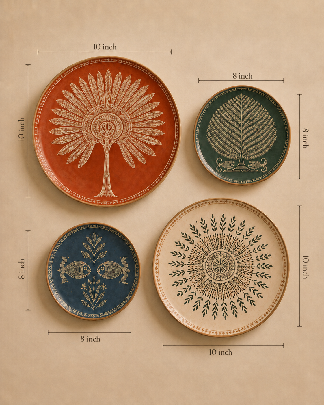 Four decorative ceramic plates with intricate hand-painted patterns, shown with dimension lines and labels indicating their sizes (10 inch and 8 inch). The plates feature earthy tones including terracotta, forest green, navy blue, and cream on a warm beige background.