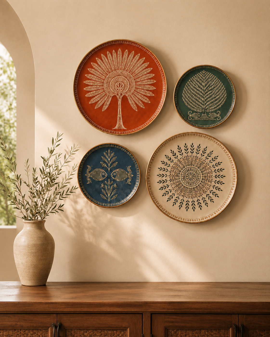 Four decorative ceramic plates with intricate hand-painted patterns in terracotta, teal, blue, and beige, arranged on a beige wall above a wooden console table with a vase of greenery.