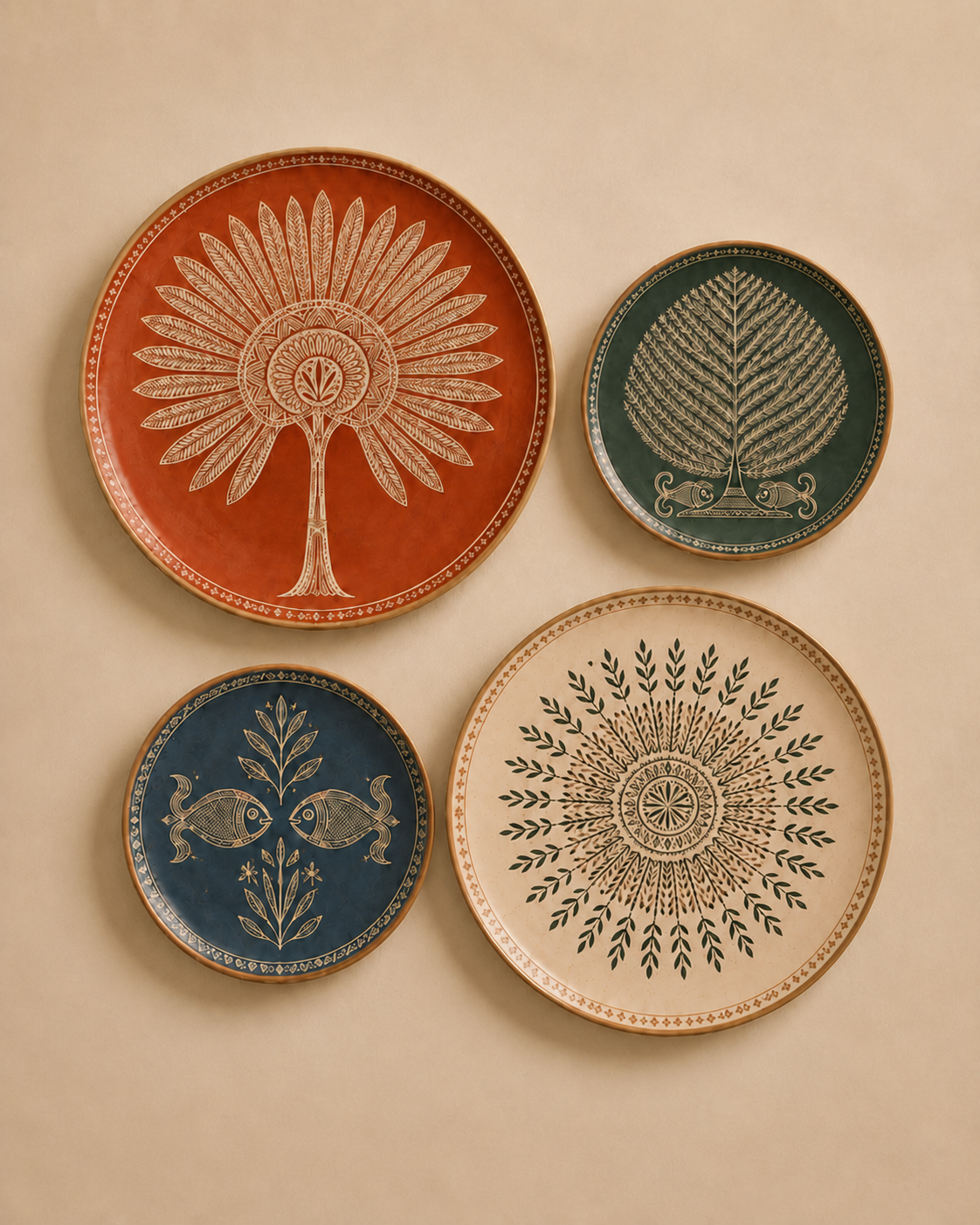 Four decorative ceramic plates with hand-painted botanical and nautical designs, arranged in a 2x2 grid against a warm beige background.