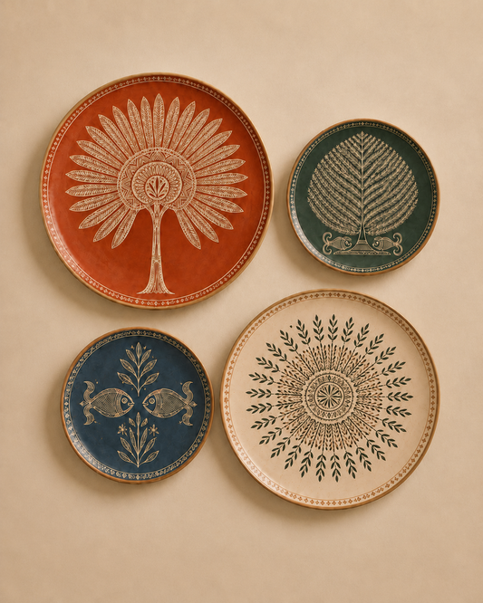 Four decorative ceramic plates with hand-painted botanical and nautical designs, arranged in a 2x2 grid against a warm beige background.