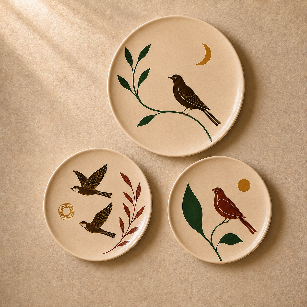 Three round beige ceramic plates with hand-painted bird and leaf illustrations, arranged on a textured beige surface with soft sunlight shadows.