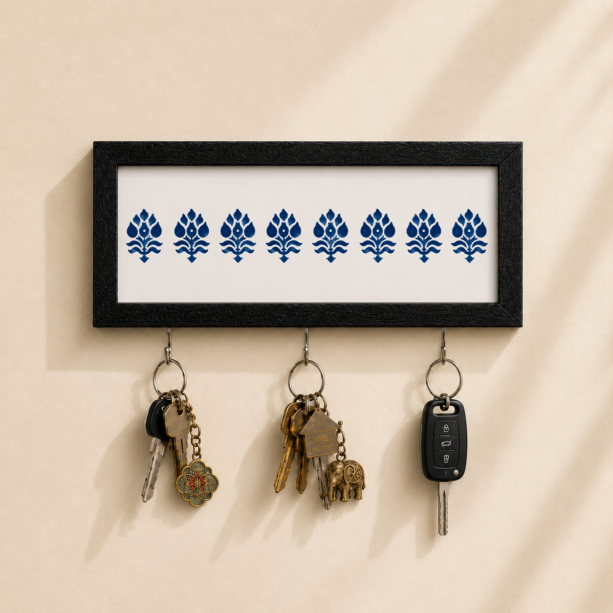 White and Navy Motif key holder from Purnam, front view